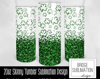 St. Patrick's Day Tumbler Wrap, 20oz Skinny Tumbler Sublimation Design, Shamrock Glitter Tumbler PNG, Clover, Green, Download Commercial Use
