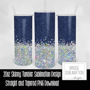 Navy Blue Holographic Glitter 20oz Skinny Tumbler Sublimation Design Wrap, Blue Glitter Design PNG, Digital Download PNG Instant Download