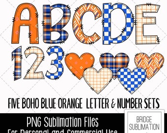 Boho Orange Blue Doodle Letters Bundle, Autumn Alphabet PNG, Fall Autumn Sublimation Design, Boho Blue Orange  Doodle Font, Commercial Use