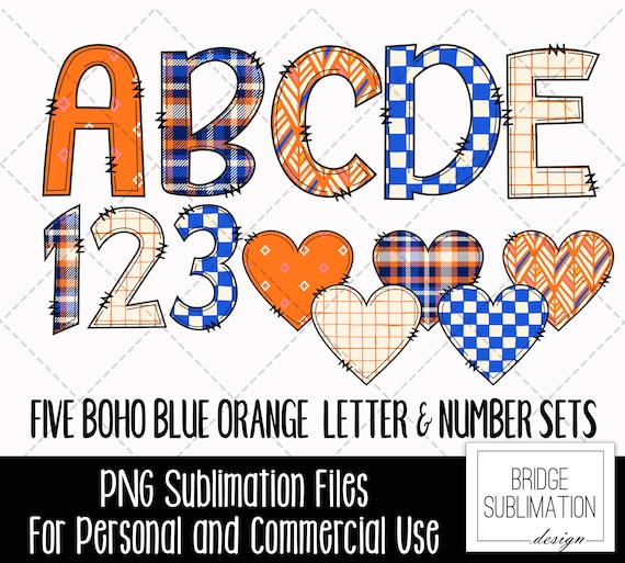 Boho Orange Blue Doodle Letters Bundle, Autumn Alphabet PNG, Fall Autumn Sublimation Design, Boho Blue Orange  Doodle Font, Commercial Use