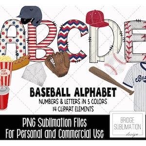 Baseball Doodle Alphabet Bundle, Baseball PNG Letters, Numbers & Accessories, Red White Blue Sublimation, Baseball Alphabet, Commercial Use