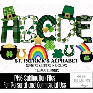 Pacote de alfabeto para rabiscos do Dia de São Patrício, letras, números e acessórios de São Patrício, design de sublimação para o Dia de São Patrício, uso comercial