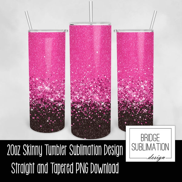 Hot Pink Black Ombre Glitter 20oz Skinny Tumbler Sublimation Design Wrap, Hot Pink Black Design PNG, Digital Download PNG Instant Download