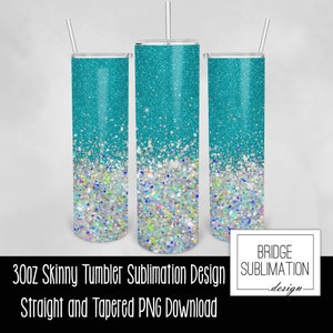 Teal Ombre Holographic Glitter Tumbler Wrap, 30oz Skinny Tumbler Sublimation Template, Teal Holographic Ombre Digital PNG Instant Download