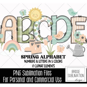 Alfabeto primaveral con garabatos, letras, números y accesorios primaverales PNG, diseño de sublimación primaveral, letras PNG dibujadas a mano, uso comercial