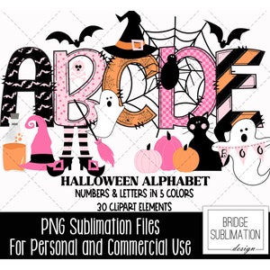 Pacote de alfabeto com rabiscos de Halloween, letras, números e acessórios PNG de Halloween, clipart rosa de Halloween, morcego-abóbora fantasma de bruxa, comercial