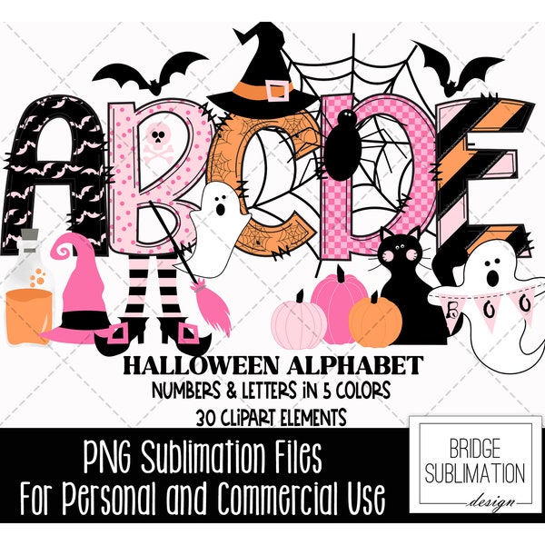 Halloween Doodle Alphabet Bundle, Halloween PNG Letters, Numbers & Accessories, Pink Halloween Clipart, Witch Ghost Pumpkin Bat, Commercial