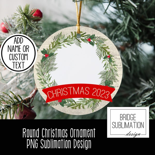 Christmas Wreath Photo Round Ornament PNG Sublimation Template, Photo Christmas 2023 Ornament Sublimation Designs PNG Download, Commercial