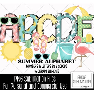 Alfabeto de verano con garabatos, letras, números y accesorios PNG de verano, diseño de sublimación de verano, letras PNG dibujadas a mano, uso comercial