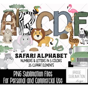 Pacote de alfabeto para rabiscos do Safari Zoo, letras, números e acessórios do Safari Zoo PNG, design de sublimação de clipart do Safari, letras PNG desenhadas à mão