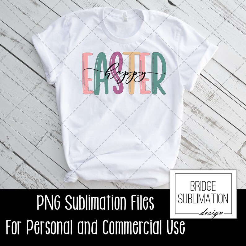 May include: A white t-shirt with a colorful graphic that says "Happy Easter" in a whimsical font.