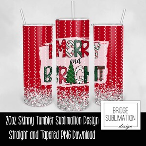 Christmas Merry Bright Glitter Tumbler, 20oz Skinny Tumbler Sublimation Design Template, Red Sliver Glitter Tumbler Wrap, Commercial Use