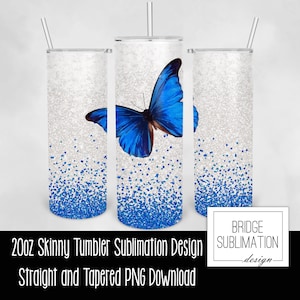 Blue Butterfly Glitter Tumbler, 20oz Skinny Tumbler Sublimation Design Template, Blue Sparkle Butterfly Design, Tumbler Wrap,Commercial Use
