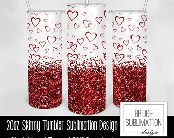 Red Glitter Hearts Tumbler PNG, 20oz Skinny Tumbler Sublimation Design, Valentine Tumbler PNG, Love Tumbler, Download, Commercial Use