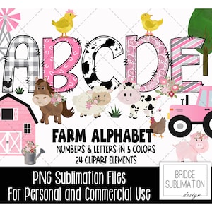 Alfabeto de granja con doodle, letras PNG de animales de granja rosas, números y accesorios, diseño de sublimación de granja, letras PNG dibujadas a mano, comercial