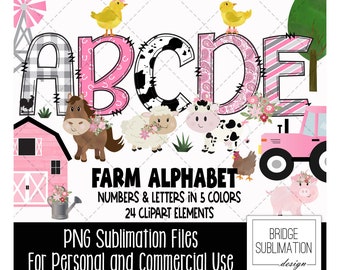Farm Doodle Alphabet Bundle, Pink Farm Animal PNG Letters, Numbers & Accessories, Farm Sublimation Design, Hand Drawn Letters PNG,Commercial