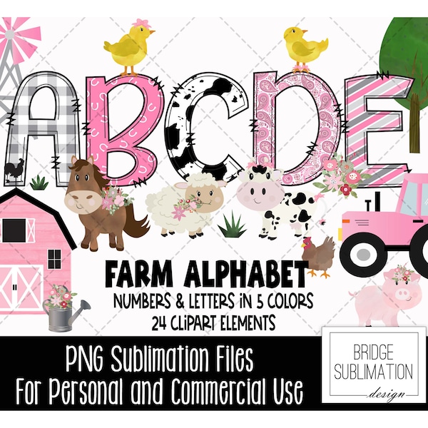 Farm Doodle Alphabet Bundle, Pink Farm Animal PNG Letters, Numbers & Accessories, Farm Sublimation Design, Hand Drawn Letters PNG,Commercial