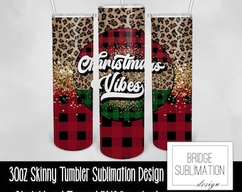 Weihnachten Vibes Glitzer Becher, 30 Unzen Skinny Becher Sublimation Design Vorlage, Buffalo Plaid Animal Print Weihnachtsbecher Wrap Design