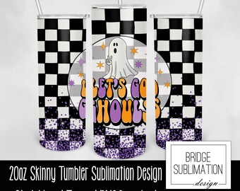 Retro Halloween Tumbler PNG, 20oz Skinny Tumbler Sublimation Design Template, Let's Go Ghouls Tumbler Wrap, Retro Halloween Digital PNG