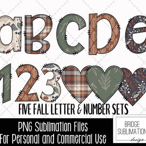 May include: Five fall-themed letter and number sets in a patchwork style with various patterns including plaid, floral, and leaves. The letters are A, B, C, D, and E. The numbers are 1, 2, and 3. The letters and numbers are outlined in black and have a stitched look.