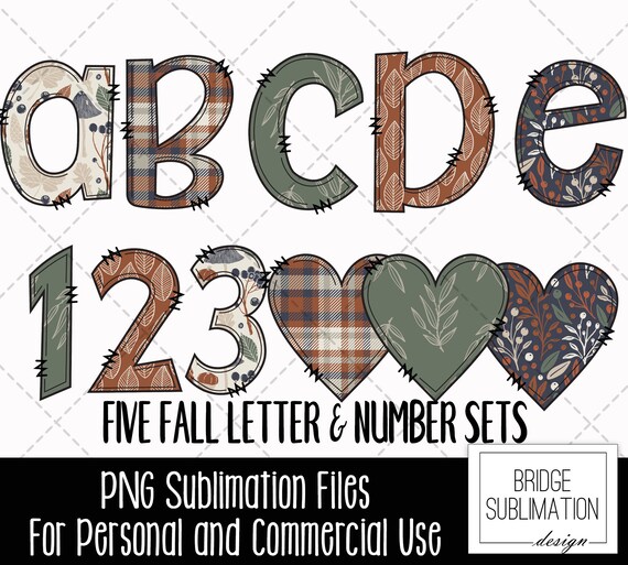 Boho Fall Doodle Letters Bundle, Autumn Alphabet PNG, Fall Autumn Sublimation Design, Fall Plaid Leaves Foliage Doodle Font, Commercial Use