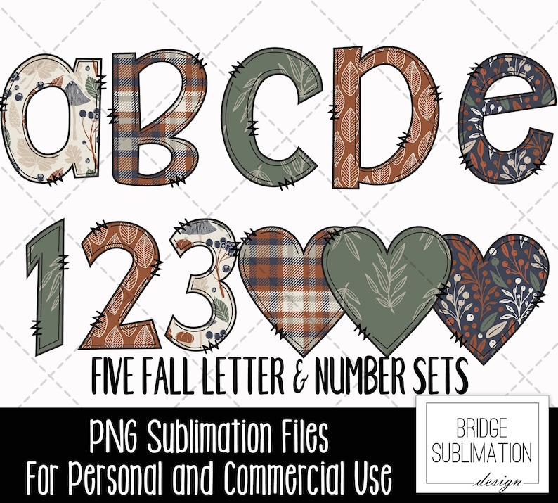 May include: Five fall-themed letter and number sets in a patchwork style with various patterns including plaid, floral, and leaves. The letters are A, B, C, D, and E. The numbers are 1, 2, and 3. The letters and numbers are outlined in black and have a stitched look.