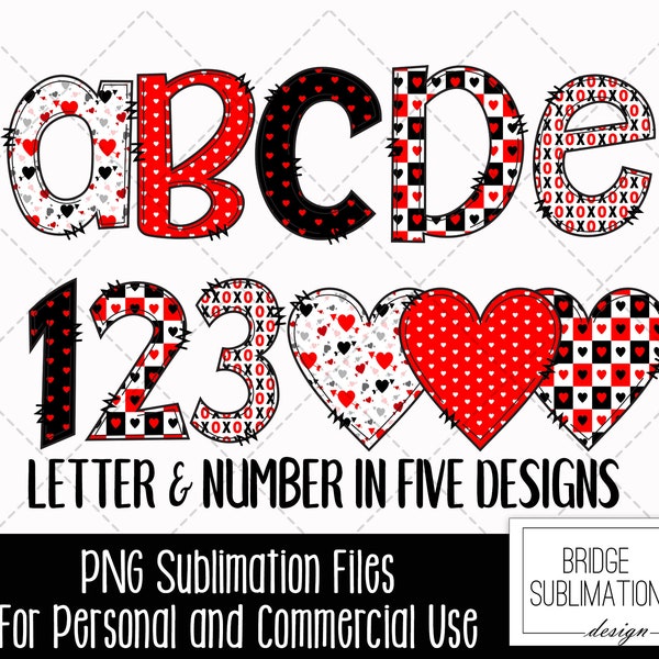 Valentine Doodle Letters Bundel, Valentine Alfabet PNG, Rood Zwart Hart XOXO Sublimatie Design, Valentijnsdag Doodle Lettertype, Commercieel Gebruik