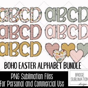 K&ouml;nnte beinhalten: Ein Satz von vier digitalen Clipart-Dateien mit den Buchstaben A, B, C und D in drei verschiedenen Stilen. Jeder Buchstabe ist mit einem Patchwork-Muster aus verschiedenen Farben und Texturen verziert, darunter Rosa, Gr&uuml;n und Gelb. Die Buchstaben sind schwarz umrandet und haben einen gen&auml;hten Effekt. Der Text "BOHO EASTER ALPHABET BUNDLE" ist im Bild enthalten.