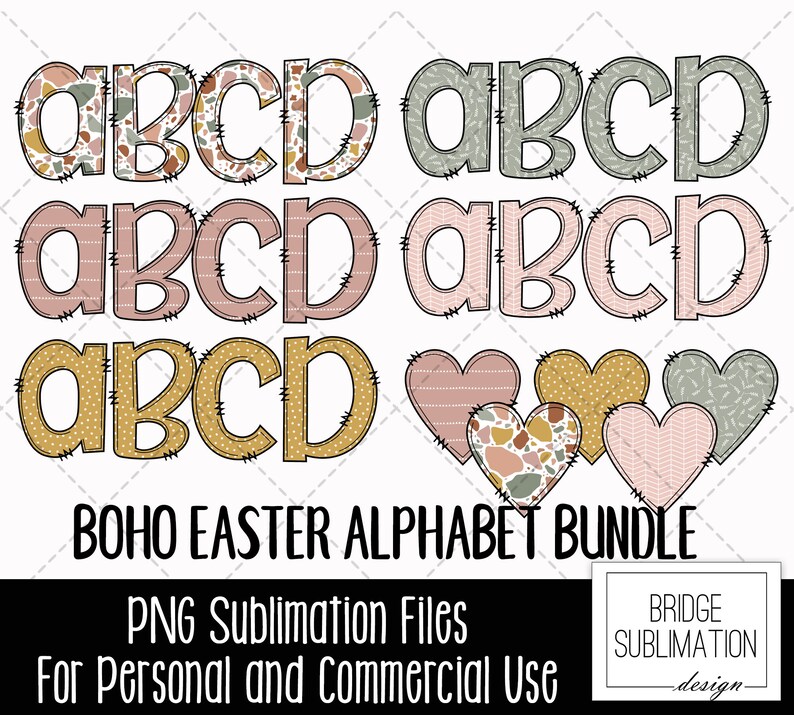 K&ouml;nnte beinhalten: Ein Satz von vier digitalen Clipart-Dateien mit den Buchstaben A, B, C und D in drei verschiedenen Stilen. Jeder Buchstabe ist mit einem Patchwork-Muster aus verschiedenen Farben und Texturen verziert, darunter Rosa, Gr&uuml;n und Gelb. Die Buchstaben sind schwarz umrandet und haben einen gen&auml;hten Effekt. Der Text "BOHO EASTER ALPHABET BUNDLE" ist im Bild enthalten.