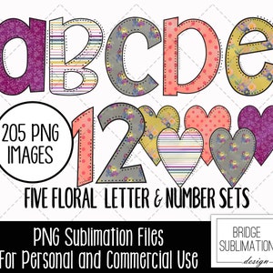 Summer Floral Doodle Letters Bundle, Flower Stripe Letters & Numbers,  Floral Sublimation Design,  Bright Alphabet PNG, Commercial Use
