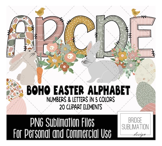 Boho Easter Doodle Alphabet Bundle, Easter PNG Letters, Numbers & Clipart, Easter Sublimation Design, Hand Drawn Easter PNG, Commercial Use