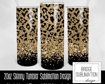Leopard Tumbler PNG, 20oz Skinny Tumbler Sublimation Design Template, Animal Print, Leopard Tumbler Gold Glitter, Cheetah, Commercial Use