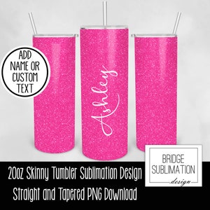 May include: A sublimation design for a 20 ounce skinny tumbler featuring a pink glitter background. The design includes a white text overlay that says "Ashley". The design is available for download in both straight and tapered versions.