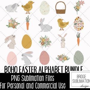 K&ouml;nnte beinhalten: Ein Set mit 12 digitalen Illustrationen mit Ostern-Motiven, darunter Hasen, K&uuml;ken, Eier, Blumen, Karotten und ein Korb. Die Illustrationen sind im Boho-Stil mit einer pastellfarbenen Farbpalette gehalten.