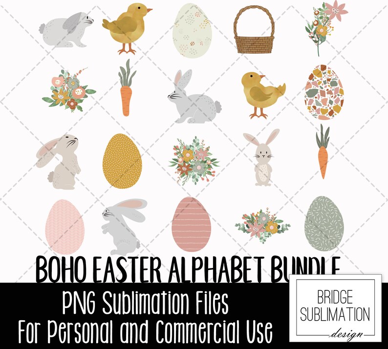 K&ouml;nnte beinhalten: Ein Set mit 12 digitalen Illustrationen mit Ostern-Motiven, darunter Hasen, K&uuml;ken, Eier, Blumen, Karotten und ein Korb. Die Illustrationen sind im Boho-Stil mit einer pastellfarbenen Farbpalette gehalten.