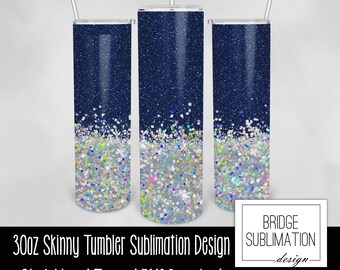 Envoltura de vaso de brillo holográfico de Ombre azul, plantilla de sublimación de vaso delgado de 30 oz, descarga instantánea PNG digital de Ombre holográfico azul