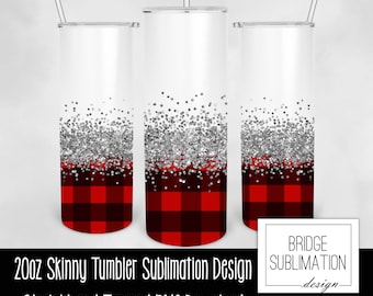 Red Buffalo Plaid Glitter Tumbler, 20oz Skinny Tumbler Sublimation Design Template, Buffalo Plaid Design, Tumbler Wrap, Commercial Use