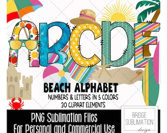 Beach Doodle Alphabet Bundle, Sommer PNG Buchstaben, Zahlen & Accessoires, Sommer Sublimationsdesign, handgezeichnete Buchstaben PNG, kommerzielle Nutzung