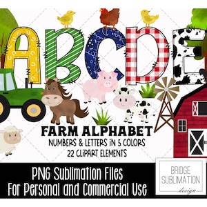 Pacote de Alfabeto de Fazenda, Letras, Números e Acessórios de Animais de Fazenda em PNG, Design de Sublimação de Fazenda, Letras Desenhadas à Mão em PNG, Uso Comercial