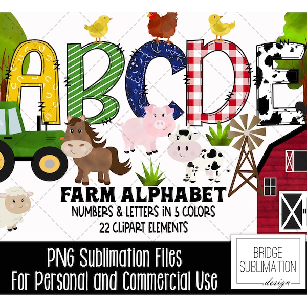 Farm Doodle Alphabet Bundle, Farm Animal PNG Letters, Numbers & Accessories, Farm Sublimation Design, Hand Drawn Letters PNG, Commercial Use