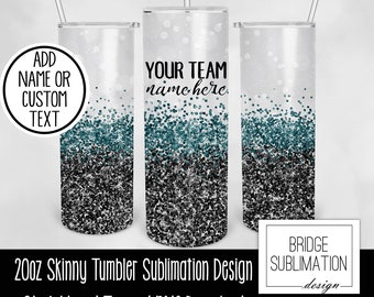 Green & Black Team Tumbler PNG, 20oz Skinny Tumbler Sublimation Design Template, Midnight Green Black Glitter Tumbler, Add Name, Commercial