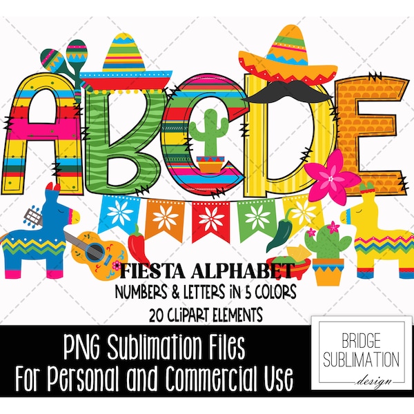 Paquete de alfabeto Fiesta Doodle, letras, números y accesorios PNG Fiesta, imágenes prediseñadas del Cinco de Mayo, fuente mexicana, uso comercial de imágenes prediseñadas Fiesta