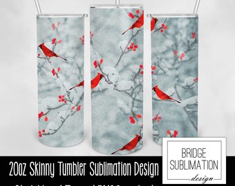 Winter Vögel Weihnachten Becher, 20 Unzen Skinny Becher Sublimation Design Vorlage, Schneebedeckte Baum Vögel Weihnachten Wrap PNG, kommerzielle Nutzung