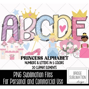 Pacote de alfabeto de princesa, letras, números e acessórios PNG de princesa, design de sublimação de princesa, alfabeto feminino, uso comercial