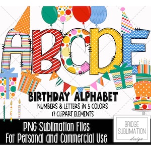Pacote de alfabeto para rabiscos de aniversário, letras, números e acessórios PNG para aniversário, design de sublimação para aniversário, PNG desenhado à mão, uso comercial