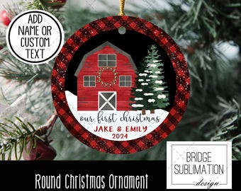 May include: Round Christmas ornament with a red and black buffalo plaid border. The ornament features a red barn with a Christmas tree and the text "our first christmas JAKE & EMILY 2024". Includes a gold string for hanging.