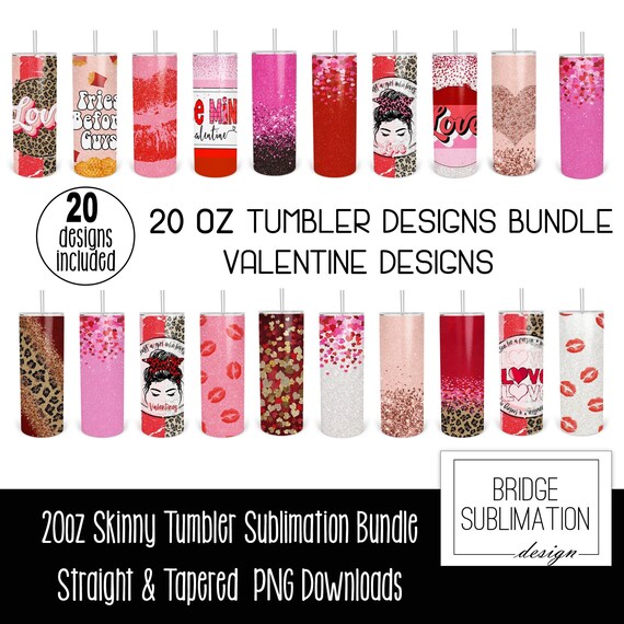 Valentine's Day 20oz Skinny Tumbler Sublimation Design Download Floral ornament 20 oz Skinny Tumbler wrap template Pink Glitter 20oz  Design