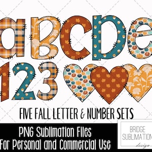 Pacote de Letras de Outono, Alfabeto de Outono PNG, Design de Sublimação de Outono, Fonte de Doodle de Flores Xadrez de Outono e Abóboras, Uso Comercial