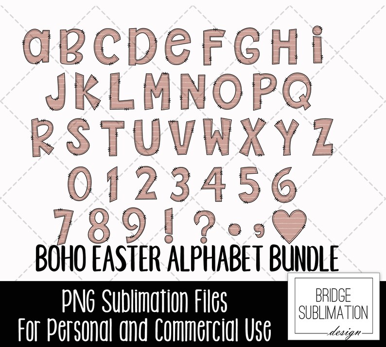 K&ouml;nnte beinhalten: Ein Satz rosa und wei&szlig;er Alphabetbuchstaben und -zahlen mit einem gestickten Design. Die Buchstaben und Zahlen sind im Boho-Stil gehalten und perfekt f&uuml;r Osterbastelarbeiten. Der Text "BOHO EASTER ALPHABET BUNDLE" befindet sich am unteren Rand des Bildes.