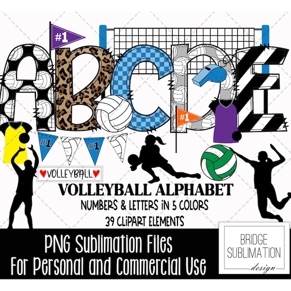 Volleyball Doodle Alphabet Bundle, Volleyball PNG Letters, Numbers & Accessories, Volleyball Font, Sports Alphabet, Download, Commercial Use